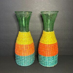 Set of 2 Boho Bohemian Green Bubble Glass Striped Wicker Wrapped Decanter Vases